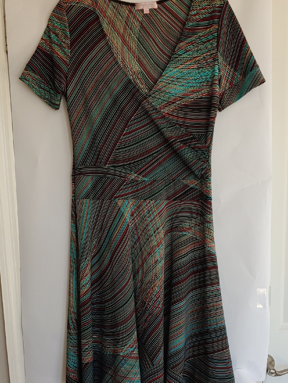 Romeo & Juliet Couture Multistripe Teal and Black Wrap Midi Dress